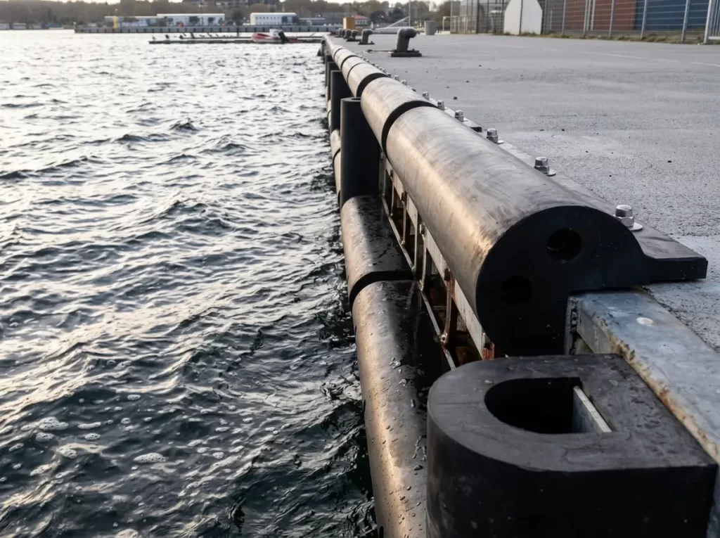 Heavy-duty marine rubber fenders installed along a concrete quay wall for vessel impact protection.