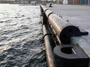 Heavy-duty marine rubber fenders installed along a concrete quay wall for vessel impact protection.