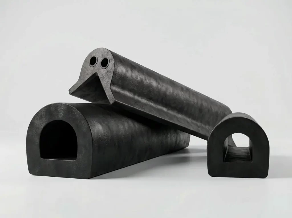 Assorted extruded D-type and corner marine rubber fenders showing different profile cross-sections.