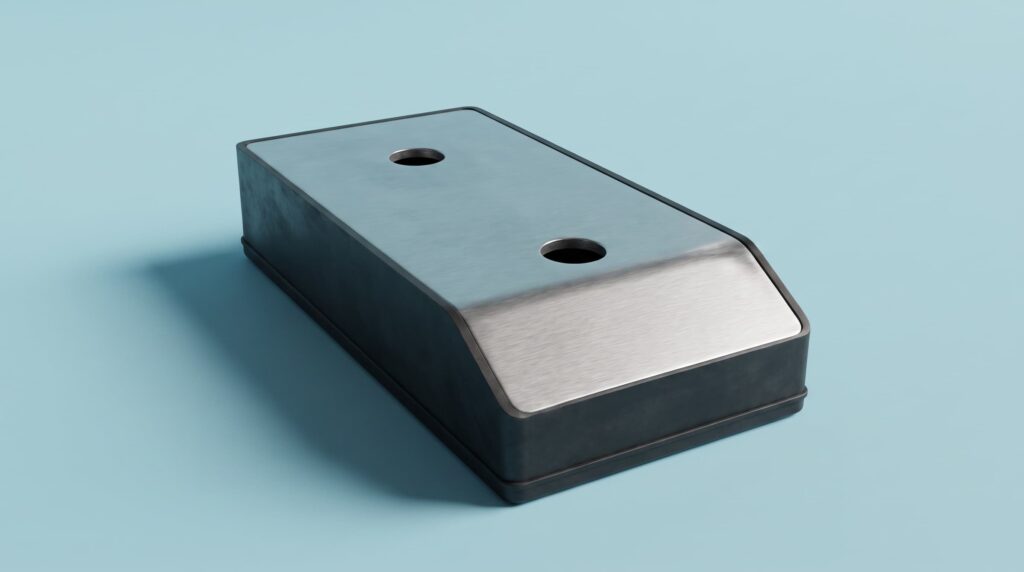 Heavy-duty rubber dock bumper with steel plates in horizontal position