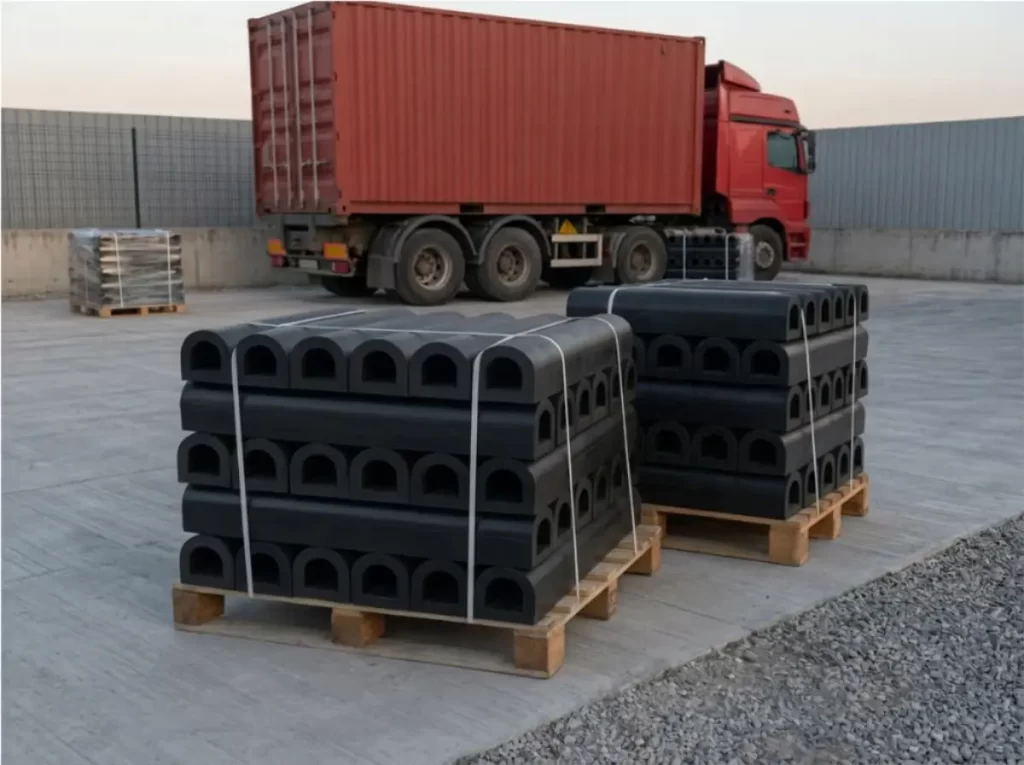 Pre-drilled marine rubber dock bumpers packaged on pallets for industrial export and logistics.