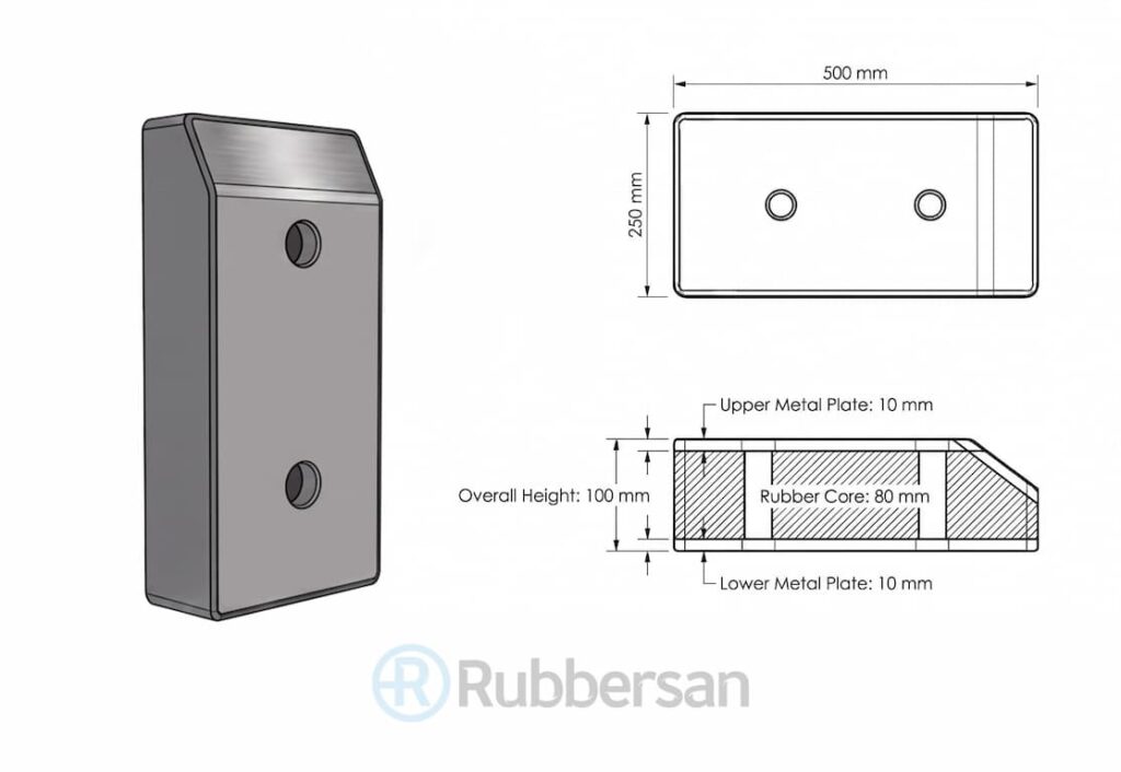 Technical drawing and mounting details for 100x250x500 mm rubber dock bumper