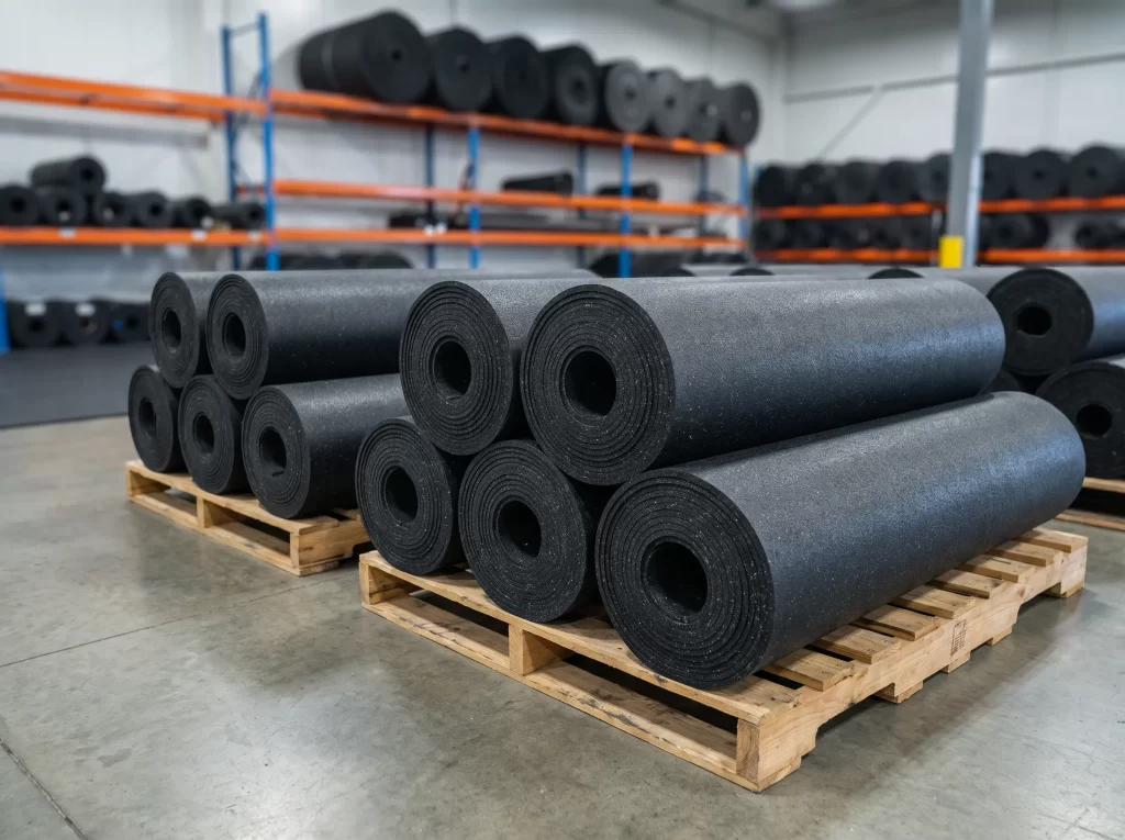 Bulk storage of continuous rubber floor sheet rolls on wooden pallets in manufacturing warehouse.