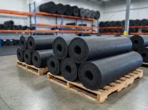 Bulk storage of continuous rubber floor sheet rolls on wooden pallets in manufacturing warehouse.