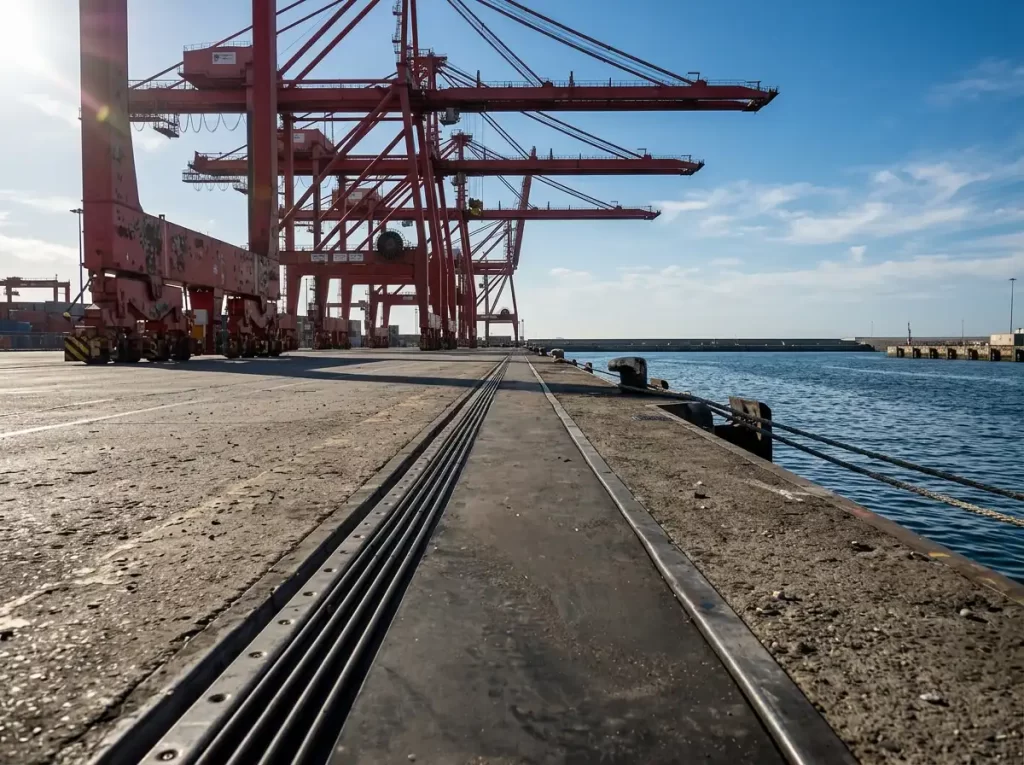 Continuous rubber cable protection belt installed in a port terminal trench with heavy ship-to-shore cranes visible in the background.