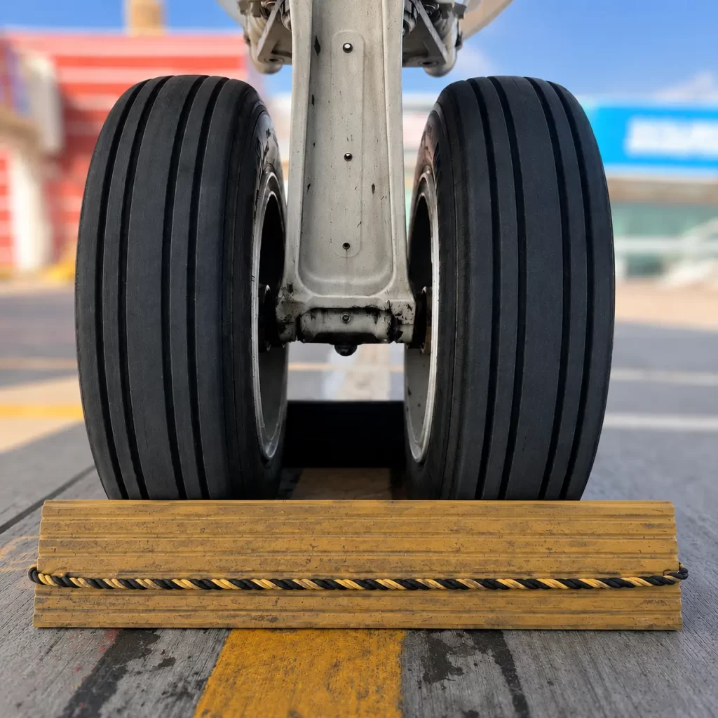 Custom-engineered rubber aircraft chocks ready for wholesale distribution by manufacturer Rubbersan.