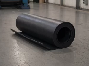 Heavy-duty black neoprene rubber roll placed on a factory floor for custom gasket fabrication