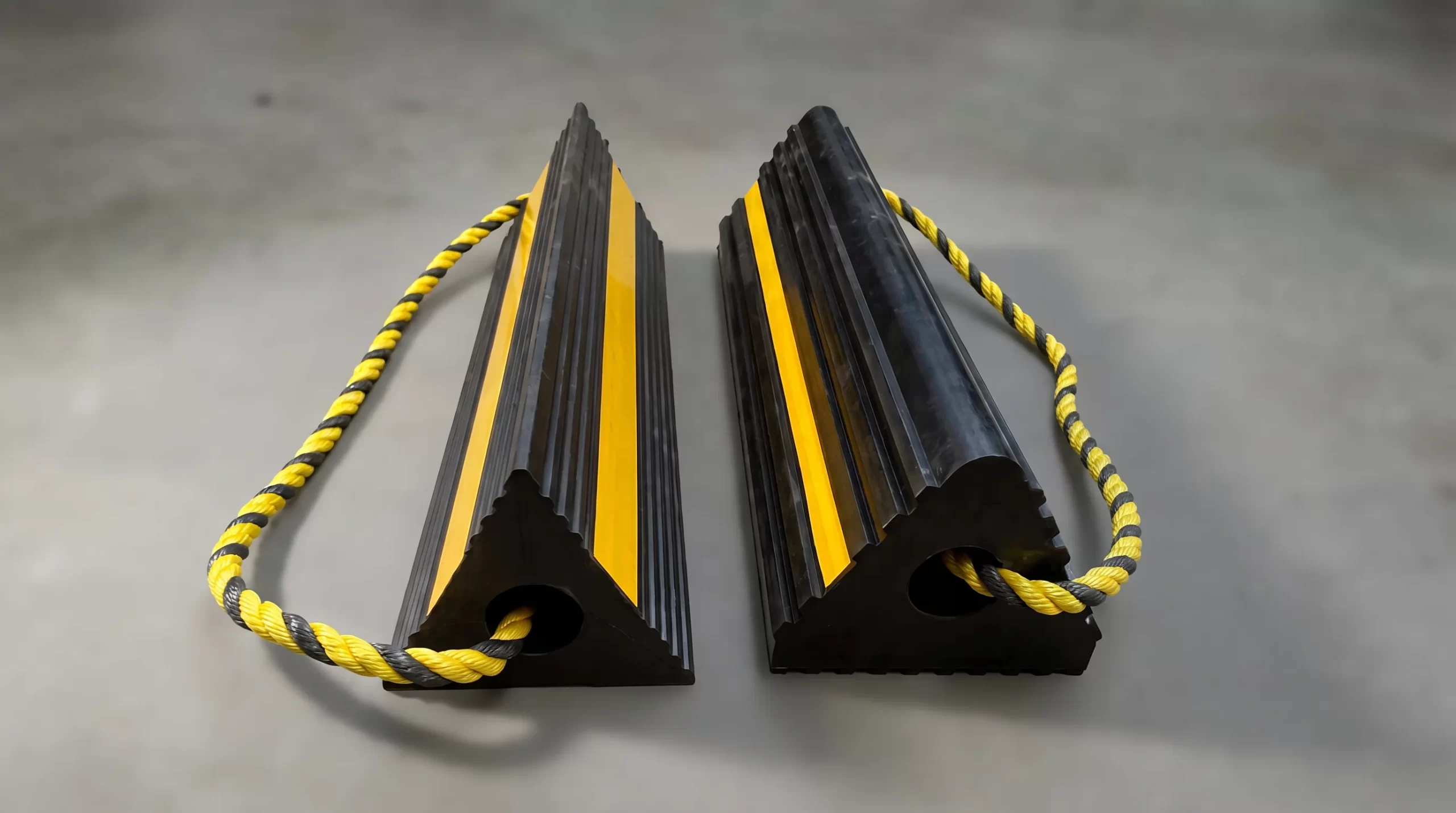 A pair of heavy-duty black rubber airplane chocks with yellow high-visibility strips and connecting rope on a pure white background.