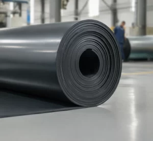 Close-up of heavy-duty industrial rubber sheet rolls with different surface textures stored in a manufacturing warehouse.