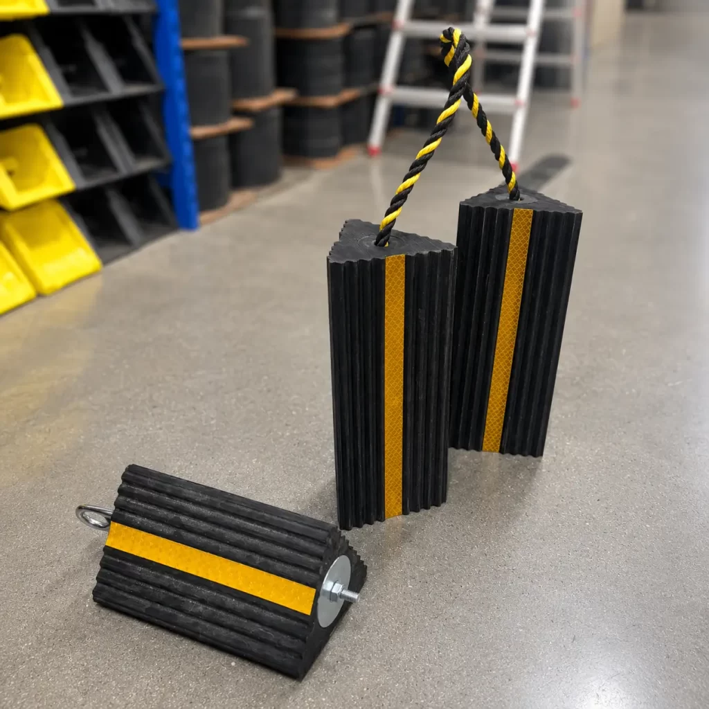 High-visibility reflective aviation wheel chocks securing an aircraft during night-time ground handling operations.